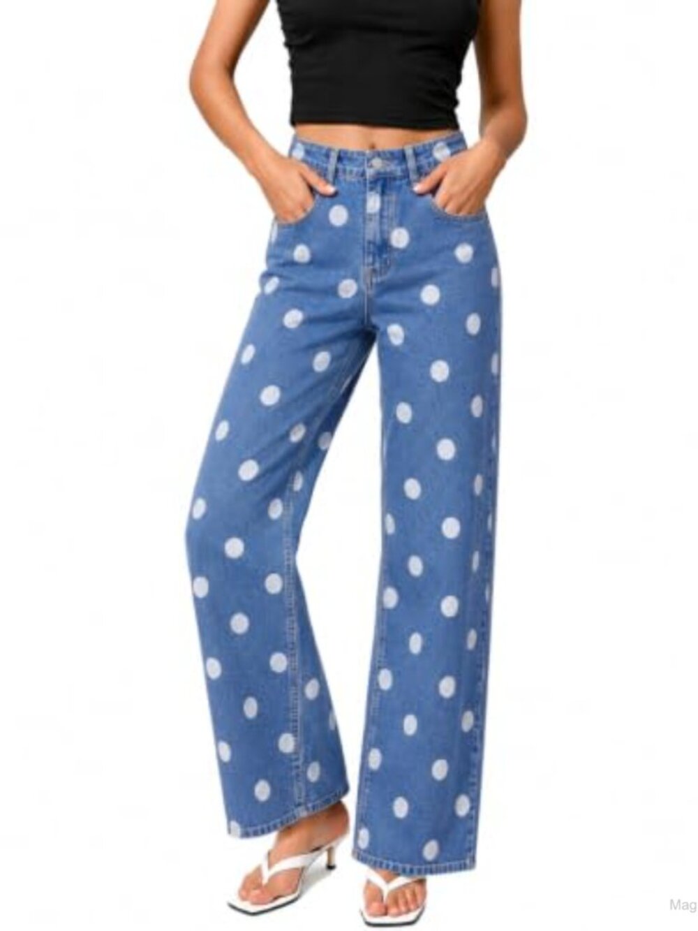 Womens Wide Leg High Waist Stretch Denim Jeans Polka Dot Pockets